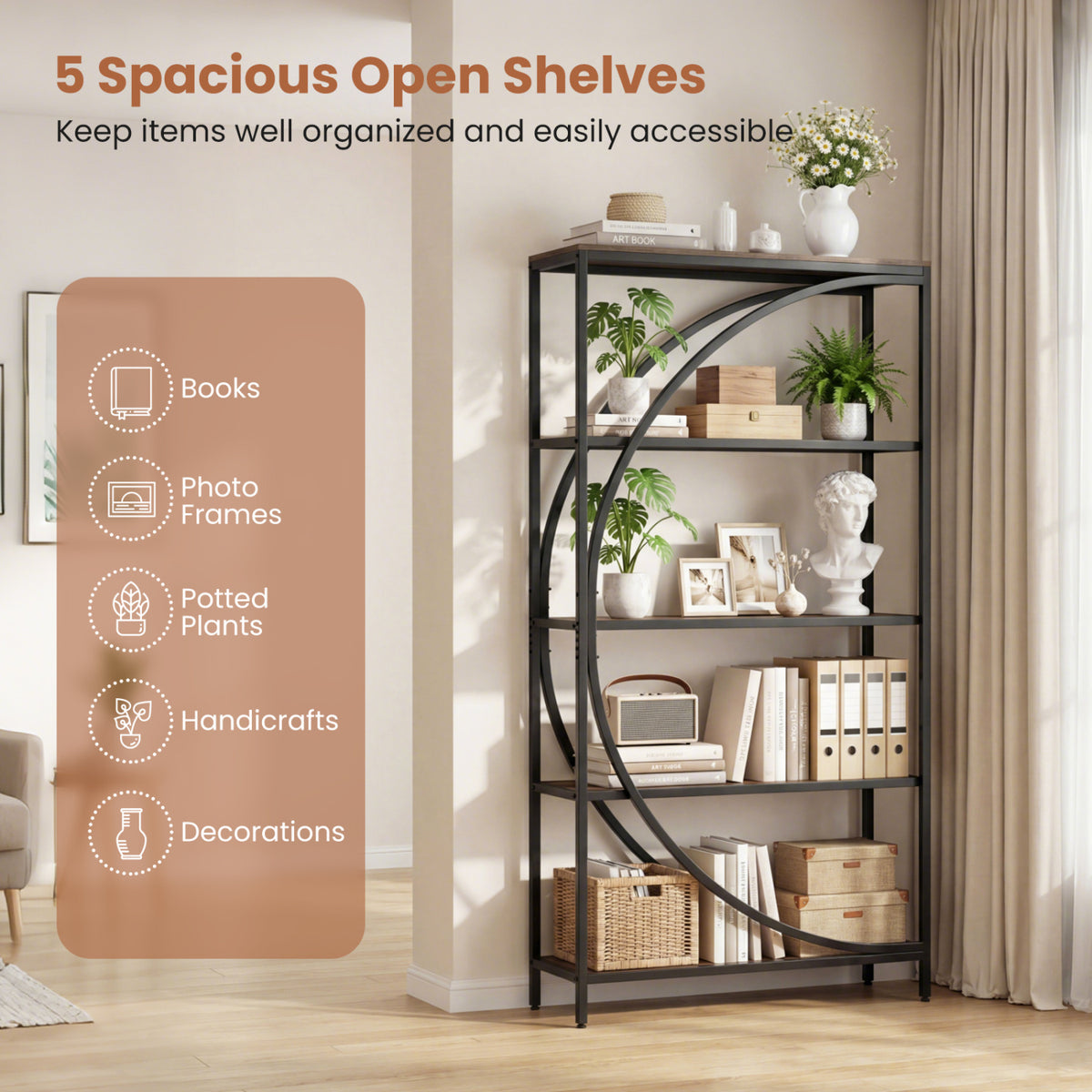 5-Tier Bookshelf with Half-Moon Shape for Living Room and Home Office-Rustic Brown