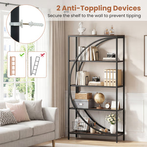 5-Tier Bookshelf with Half-Moon Shape for Living Room and Home Office-Rustic Brown