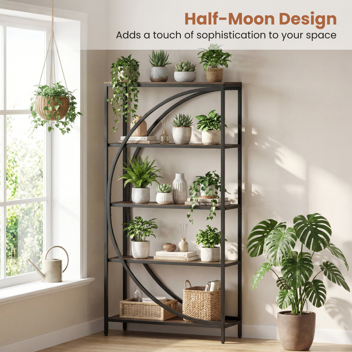 5-Tier Bookshelf with Half-Moon Shape for Living Room and Home Office-Rustic Brown