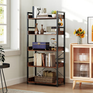 5-Tier Bookshelf with 4 Hooks Industrial Storage Bookcase-Rustic Brown