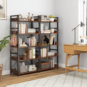5-Tier Bookshelf with 4 Hooks Industrial Storage Bookcase-Rustic Brown