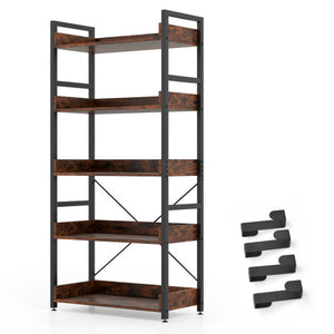 5-Tier Bookshelf with 4 Hooks Industrial Storage Bookcase-Rustic Brown