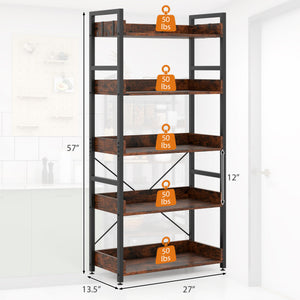 5-Tier Bookshelf with 4 Hooks Industrial Storage Bookcase-Rustic Brown