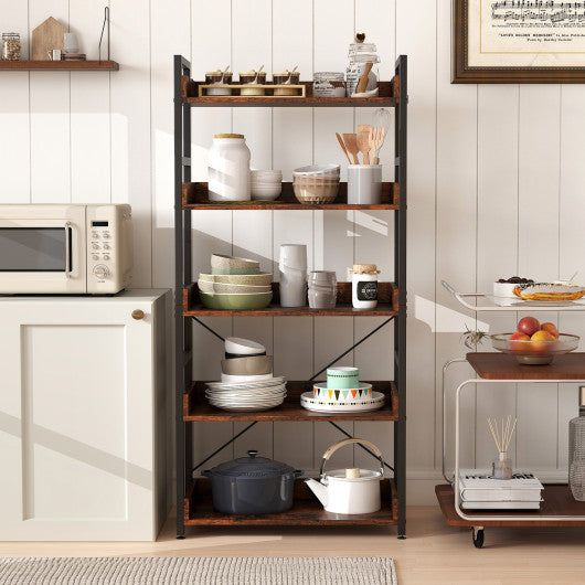 5-Tier Bookshelf with 4 Hooks Industrial Storage Bookcase-Rustic Brown