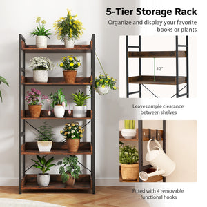 5-Tier Bookshelf with 4 Hooks Industrial Storage Bookcase-Rustic Brown