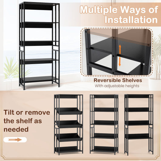 5-Tier Bookshelf with Adjustable and Tiltable Shelves-Black
