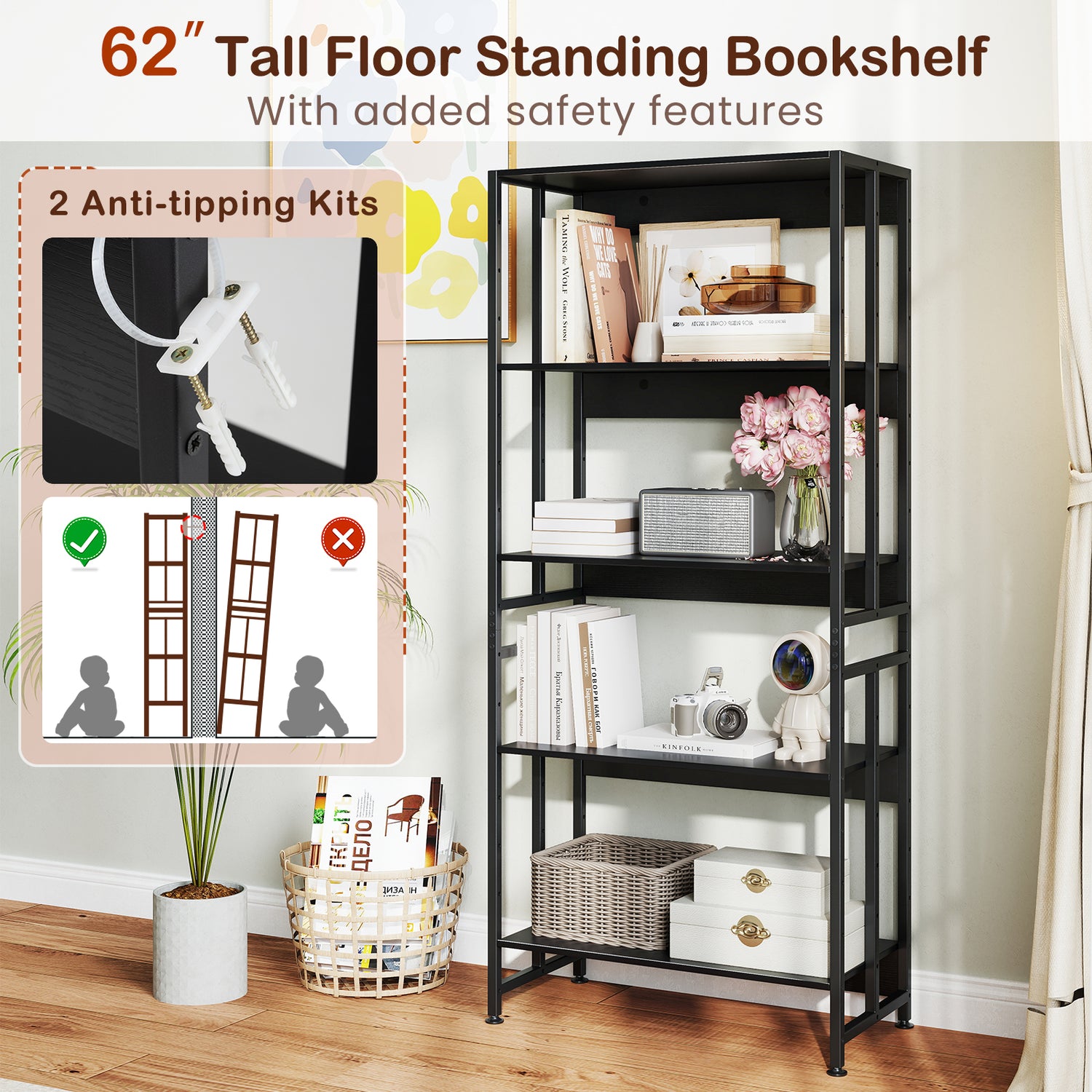 5-Tier Bookshelf with Adjustable and Tiltable Shelves-Black