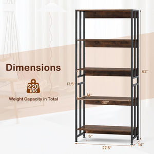 5-Tier Bookshelf with Adjustable and Tiltable Shelves-Rustic Brown