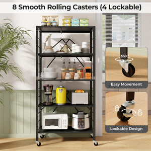 5-Tier Foldable Storage Shelf with Wheels-Black