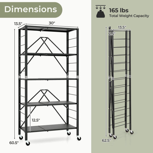 5-Tier Foldable Storage Shelf with Wheels-Black