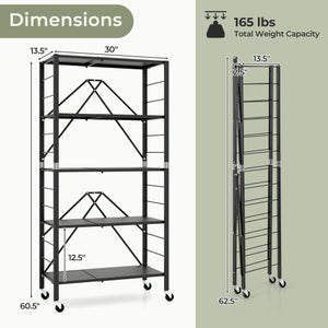 5-Tier Foldable Storage Shelf with Wheels-Black