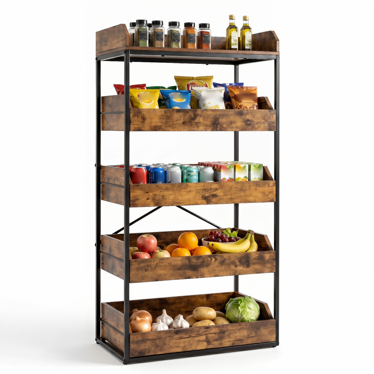 5-Tier Food Storage Rack with 4 Pull-out Drawers and Adjustable Feet-Rustic Brown