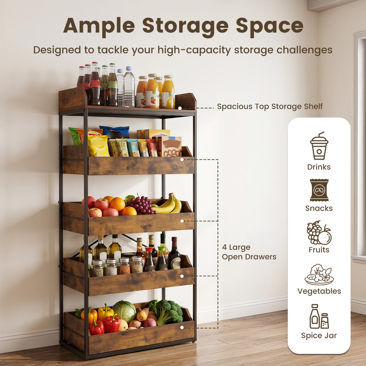 5-Tier Food Storage Rack with 4 Pull-out Drawers and Adjustable Feet-Rustic Brown