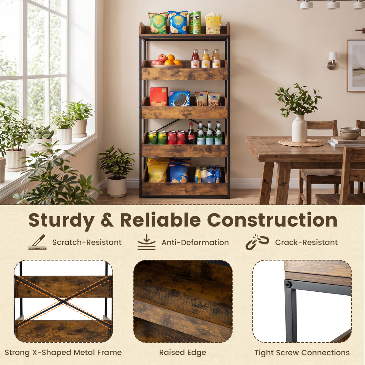 5-Tier Food Storage Rack with 4 Pull-out Drawers and Adjustable Feet-Rustic Brown