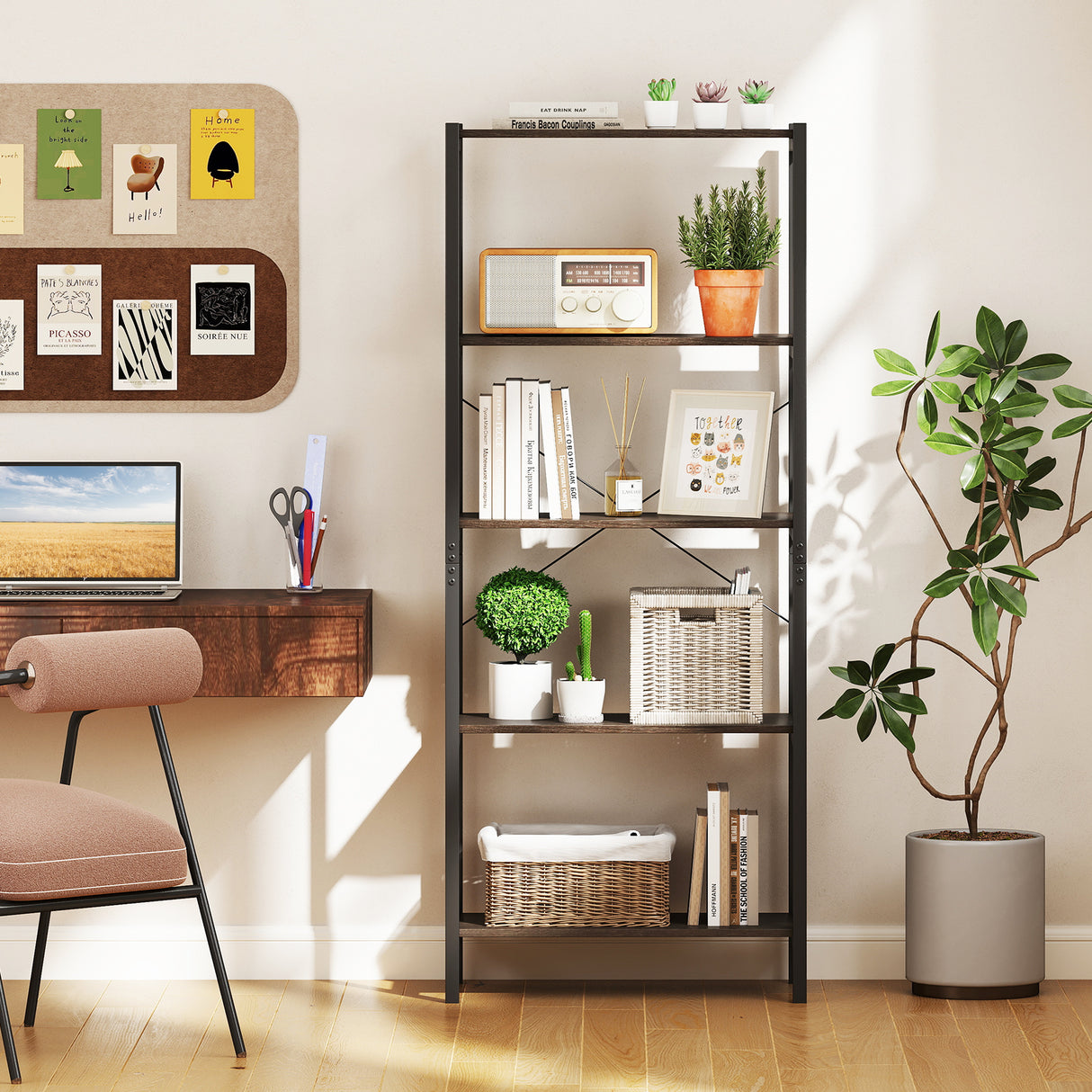 5-Tier Industrial Bookshelf Display Storage Rack with Metal Frame-Gray