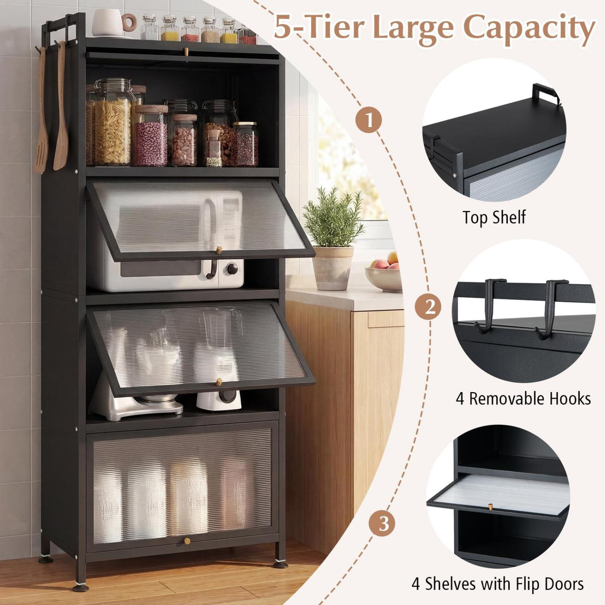 5-Tier Kitchen Baker's Rack with Flip-up PC Doors-Black