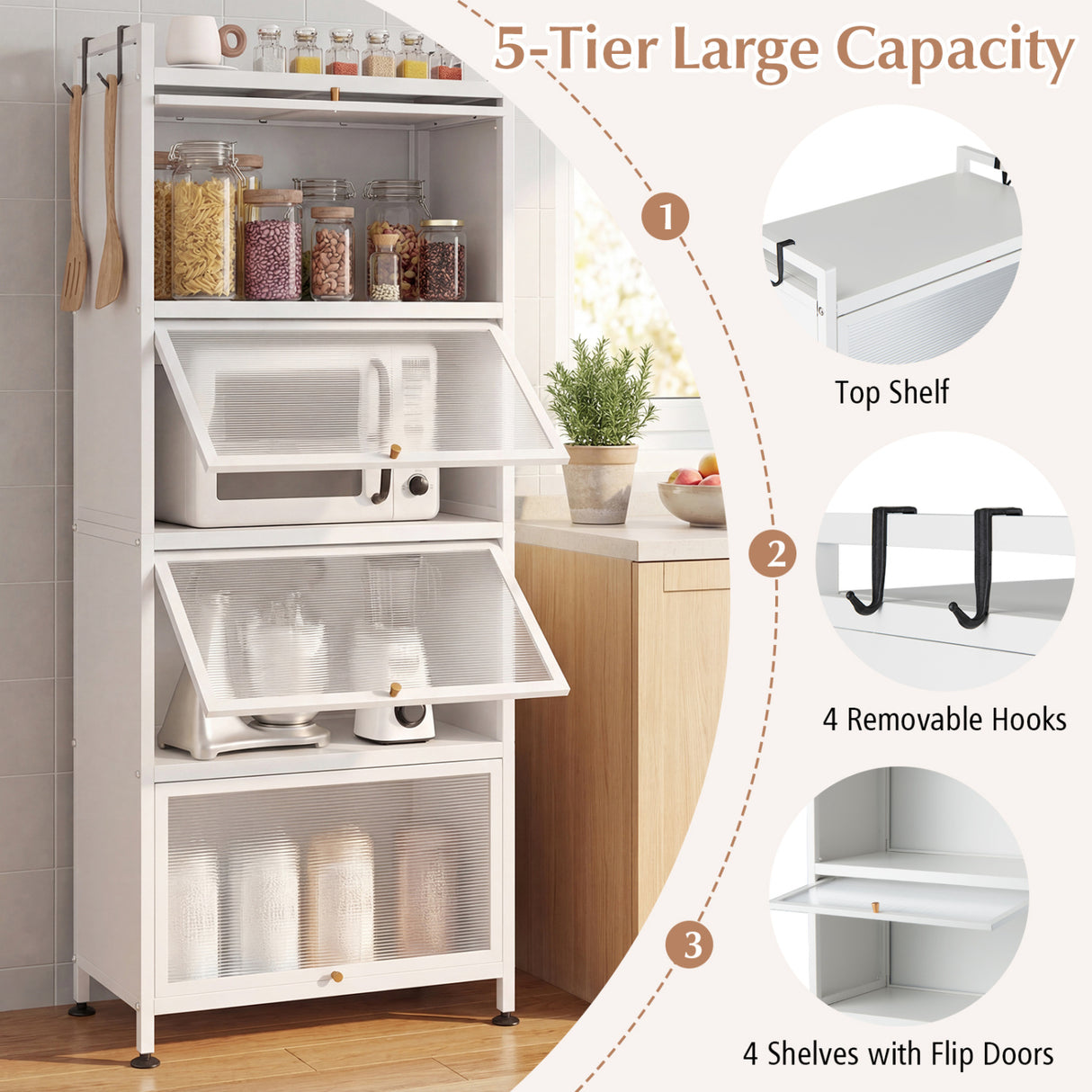 5-Tier Kitchen Baker's Rack with Flip-up PC Doors-White