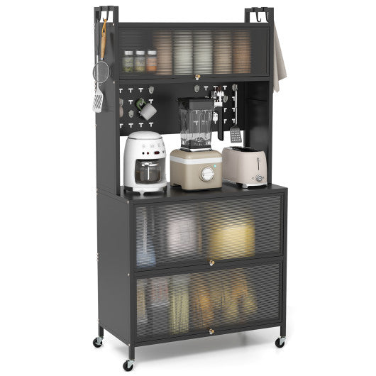 5 Tier Kitchen Bakers Rack with Lights Multifunctional Microwave Stand with Flip Door Cabinets-Black