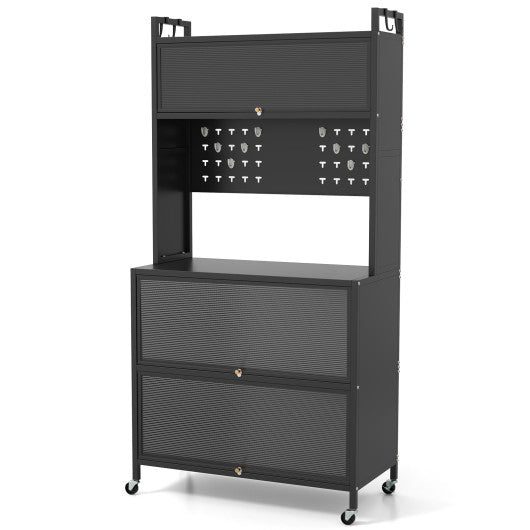5 Tier Kitchen Bakers Rack with Lights Multifunctional Microwave Stand with Flip Door Cabinets-Black