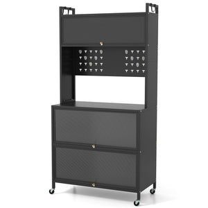 5 Tier Kitchen Bakers Rack with Lights Multifunctional Microwave Stand with Flip Door Cabinets-Black
