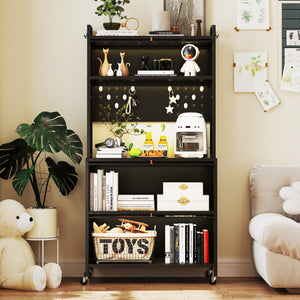 5 Tier Kitchen Bakers Rack with Lights Multifunctional Microwave Stand with Flip Door Cabinets-Black