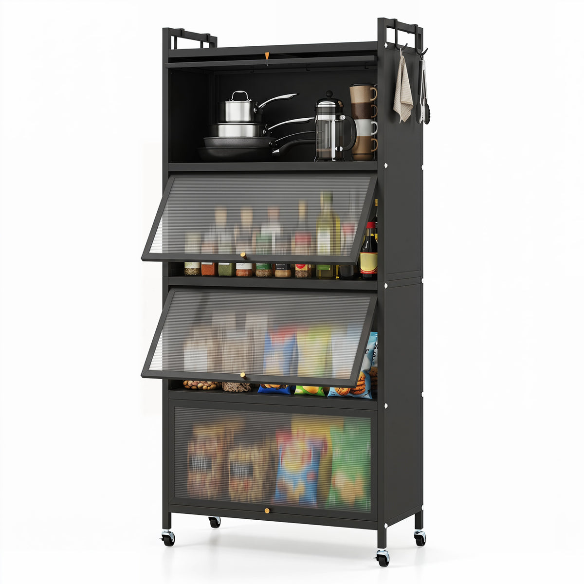 5-Tier Kitchen Storage Cabinet with 4 Flip-up PC Doors Adjustable Feet and Rolling Wheels-Black