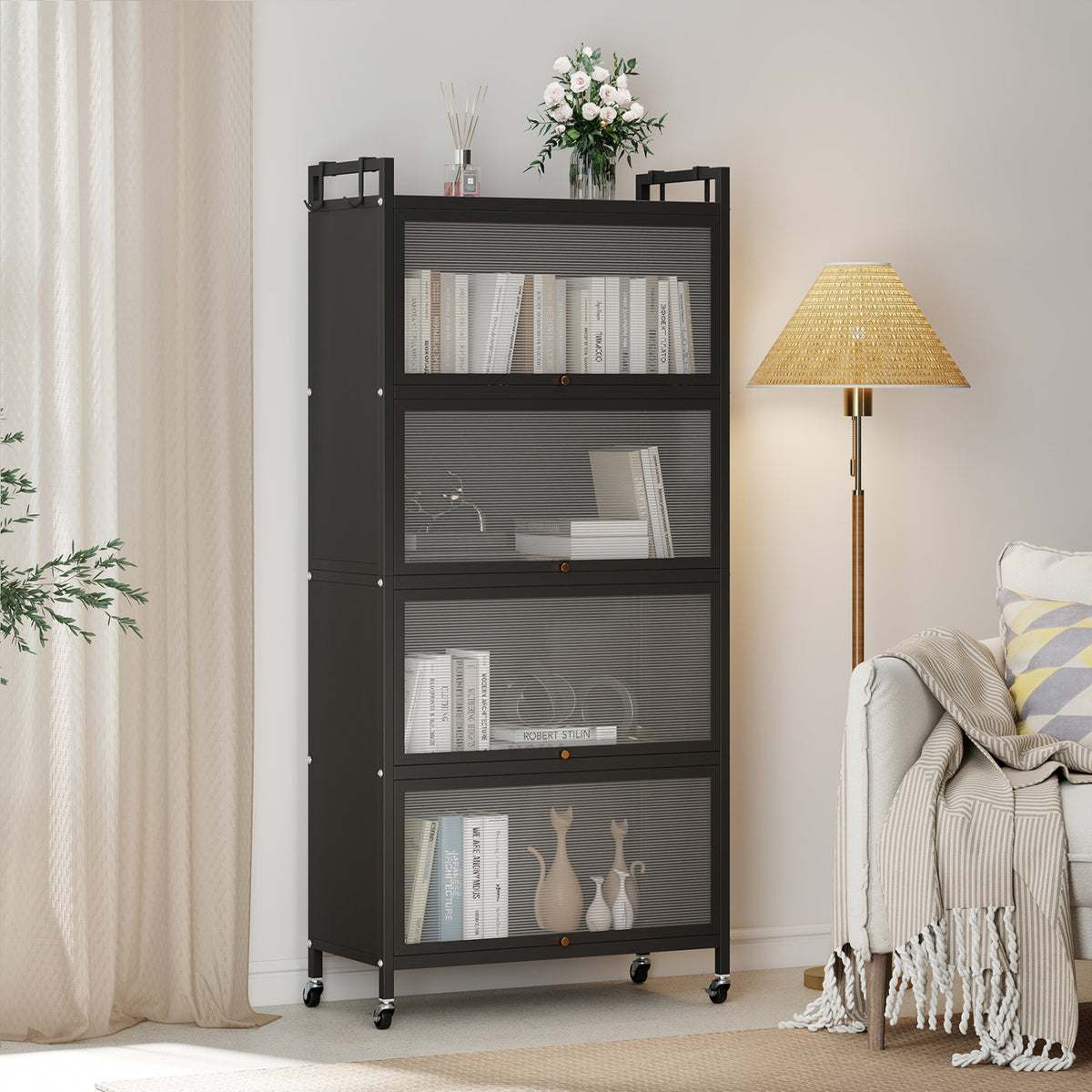 5-Tier Kitchen Storage Cabinet with 4 Flip-up PC Doors Adjustable Feet and Rolling Wheels-Black