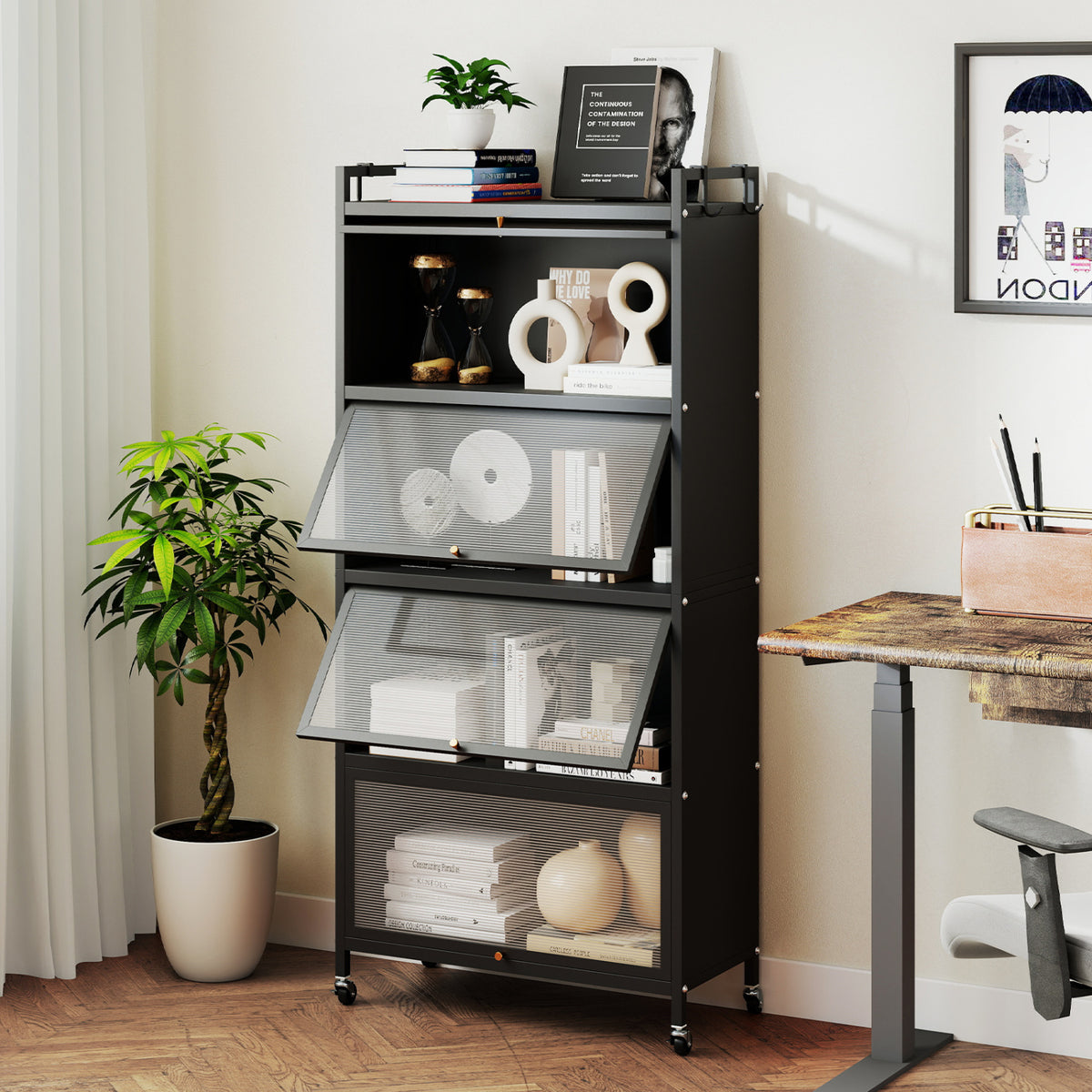 5-Tier Kitchen Storage Cabinet with 4 Flip-up PC Doors Adjustable Feet and Rolling Wheels-Black
