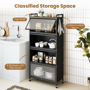 5-Tier Kitchen Storage Cabinet with 4 Flip-up PC Doors Adjustable Feet and Rolling Wheels-Black