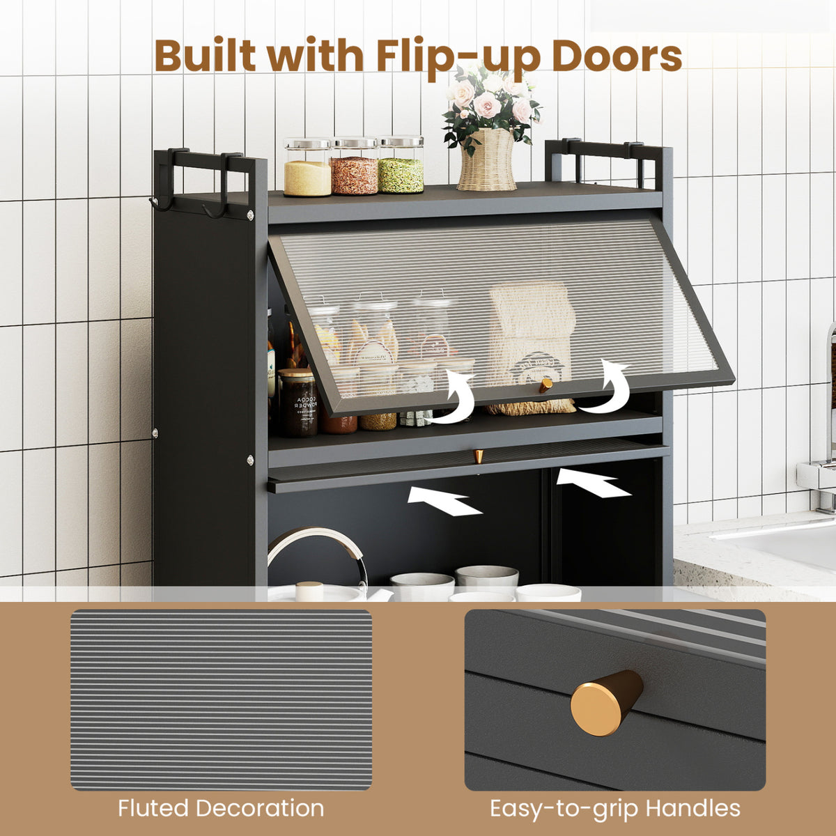 5-Tier Kitchen Storage Cabinet with 4 Flip-up PC Doors Adjustable Feet and Rolling Wheels-Black