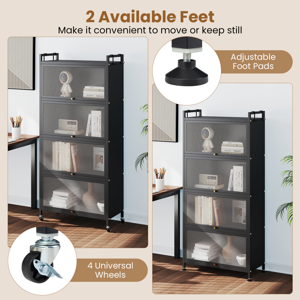5-Tier Kitchen Storage Cabinet with 4 Flip-up PC Doors Adjustable Feet and Rolling Wheels-Black
