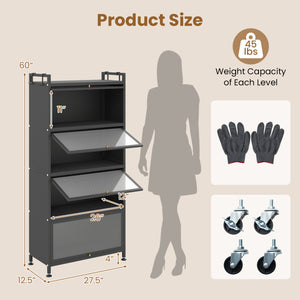 5-Tier Kitchen Storage Cabinet with 4 Flip-up PC Doors Adjustable Feet and Rolling Wheels-Black
