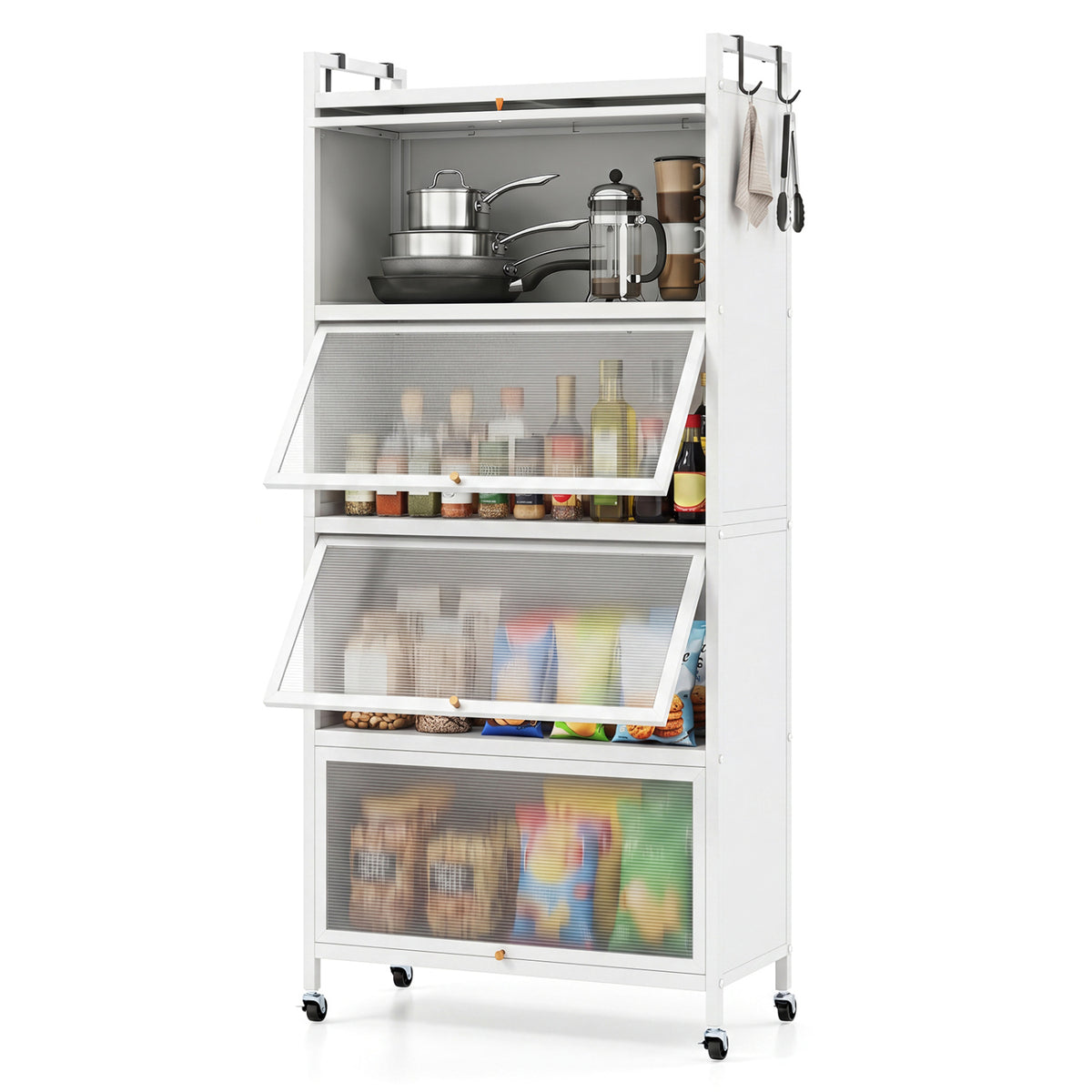 5-Tier Kitchen Storage Cabinet with 4 Flip-up PC Doors Adjustable Feet and Rolling Wheels-White