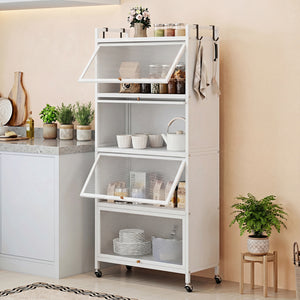 5-Tier Kitchen Storage Cabinet with 4 Flip-up PC Doors Adjustable Feet and Rolling Wheels-White