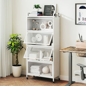 5-Tier Kitchen Storage Cabinet with 4 Flip-up PC Doors Adjustable Feet and Rolling Wheels-White
