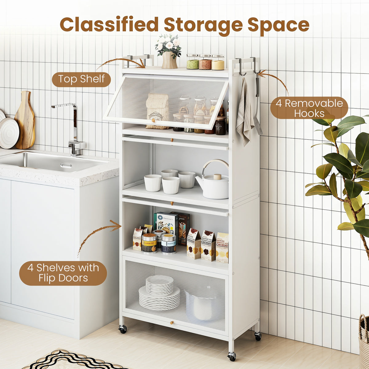 5-Tier Kitchen Storage Cabinet with 4 Flip-up PC Doors Adjustable Feet and Rolling Wheels-White