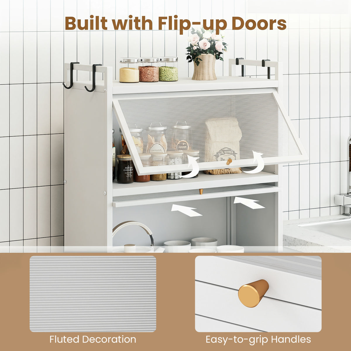 5-Tier Kitchen Storage Cabinet with 4 Flip-up PC Doors Adjustable Feet and Rolling Wheels-White