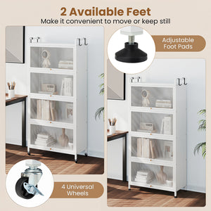 5-Tier Kitchen Storage Cabinet with 4 Flip-up PC Doors Adjustable Feet and Rolling Wheels-White