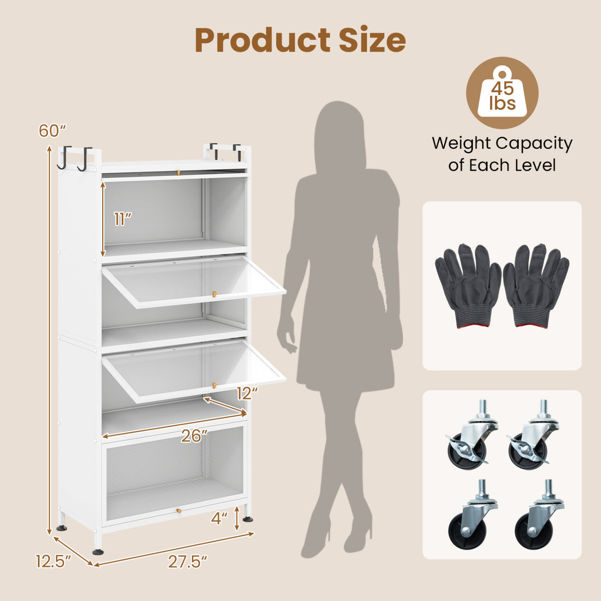 5-Tier Kitchen Storage Cabinet with 4 Flip-up PC Doors Adjustable Feet and Rolling Wheels-White