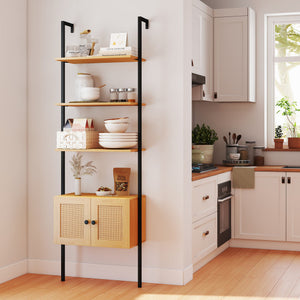5-Tier Ladder Bookcase with Rattan Cabinet and Metal Frame-Natural