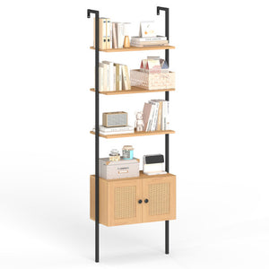 5-Tier Ladder Bookcase with Rattan Cabinet and Metal Frame-Natural