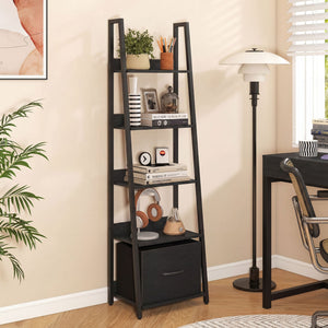 5-Tier Ladder Bookshelf with Fabric Drawer for Living Room and Home Office-Black
