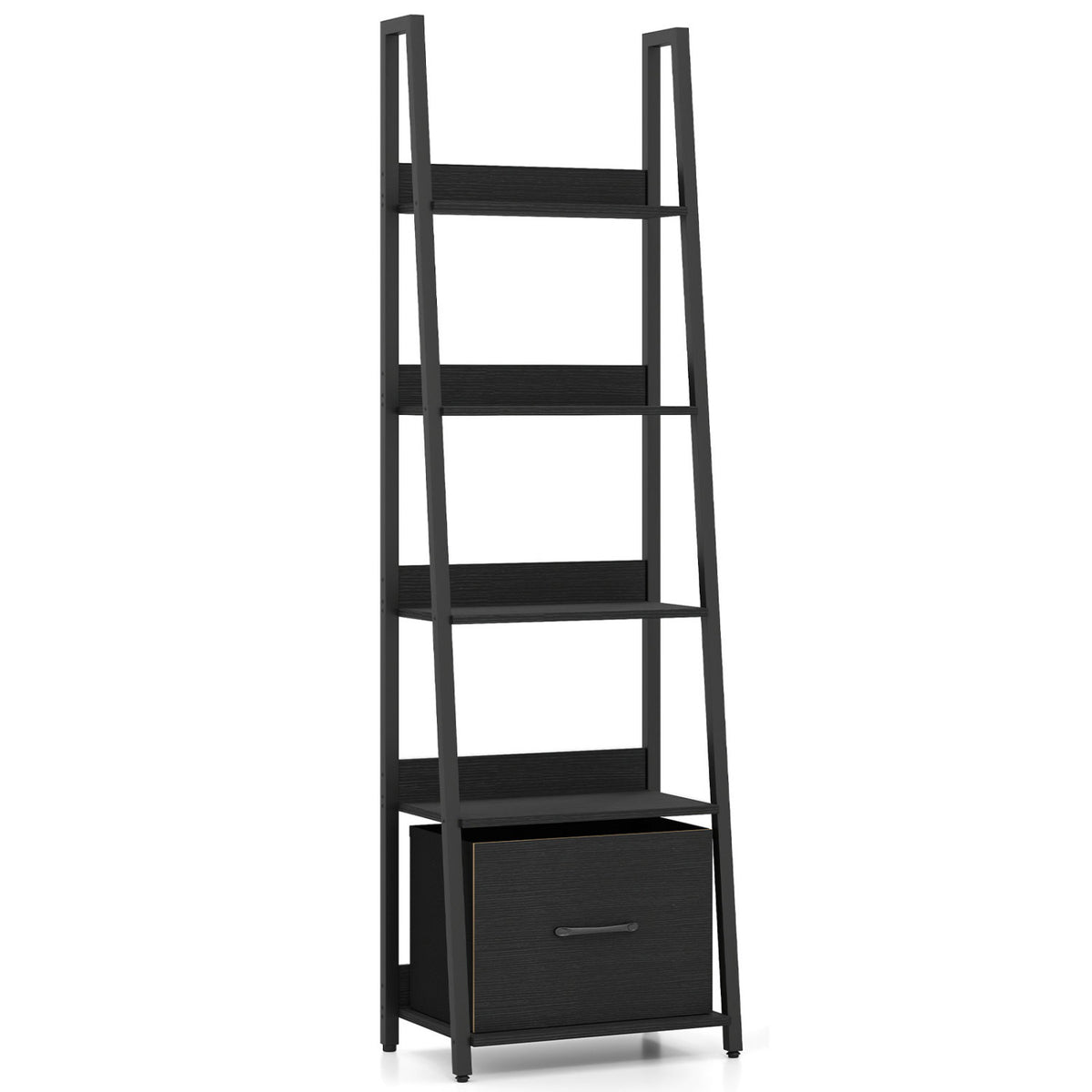 5-Tier Ladder Bookshelf with Fabric Drawer for Living Room and Home Office-Black