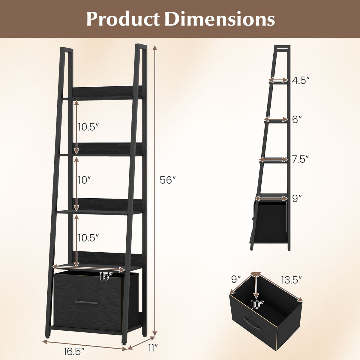 5-Tier Ladder Bookshelf with Fabric Drawer for Living Room and Home Office-Black