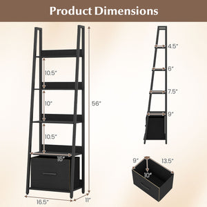 5-Tier Ladder Bookshelf with Fabric Drawer for Living Room and Home Office-Black