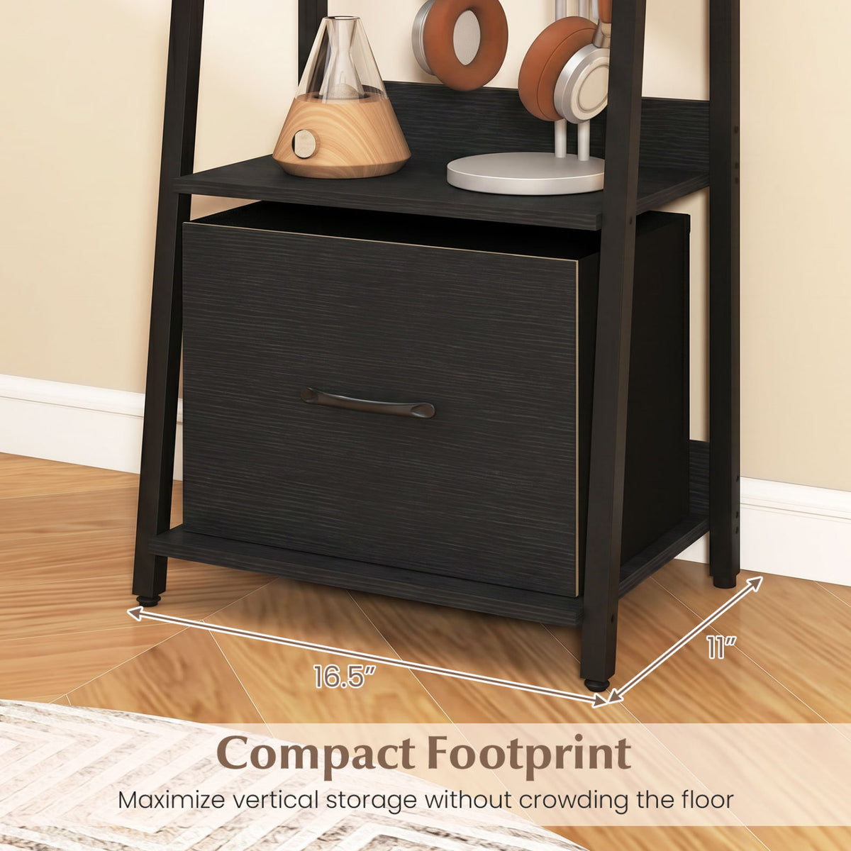 5-Tier Ladder Bookshelf with Fabric Drawer for Living Room and Home Office-Black