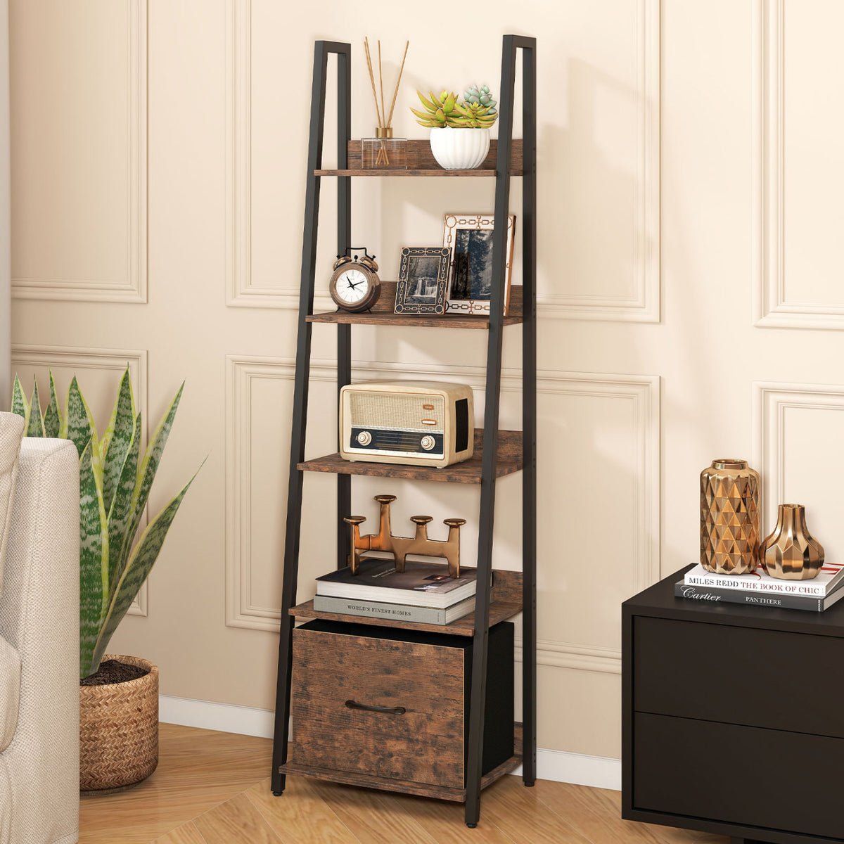 5-Tier Ladder Bookshelf with Fabric Drawer for Living Room and Home Office-Rustic Brown