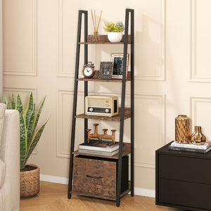 5-Tier Ladder Bookshelf with Fabric Drawer for Living Room and Home Office-Rustic Brown