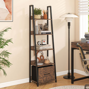 5-Tier Ladder Bookshelf with Fabric Drawer for Living Room and Home Office-Rustic Brown