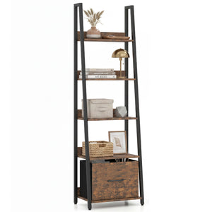 5-Tier Ladder Bookshelf with Fabric Drawer for Living Room and Home Office-Rustic Brown